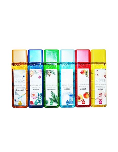 Set 6 parfumuri de rufe concentrat, Kifra 80 spalari, 200 ml, miros de piersica, orhidee si diverse modele