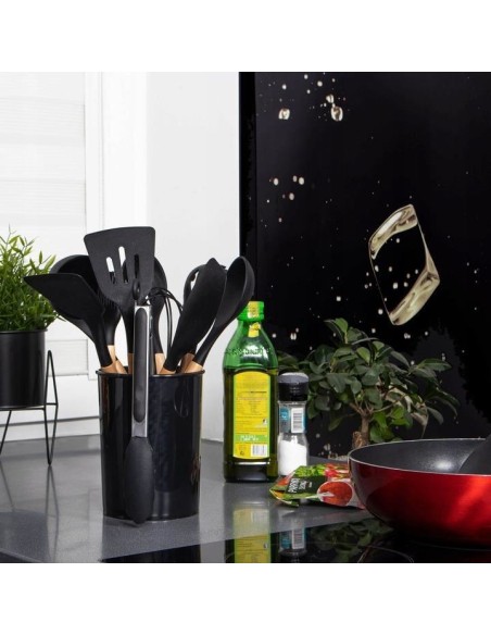 Set ustensile?bucatarie, silicon si bambus, negru, 12 piese, Springos