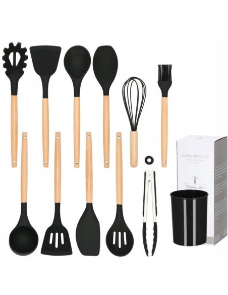 Set ustensile?bucatarie, silicon si bambus, negru, 12 piese, Springos