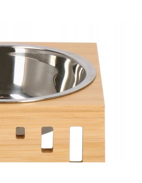 Castron, bol, pentru caine, pisica, cu suport, bambus, metal, inox, 14 cm