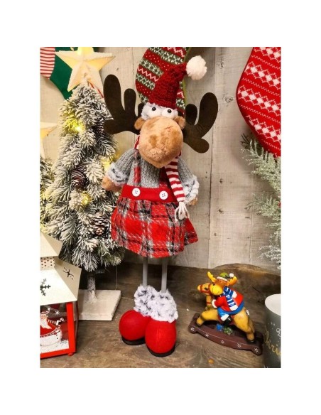Decoratiune Craciun, fata ren in fustita carouri, gri si rosu, 19x60 cm, Jumi