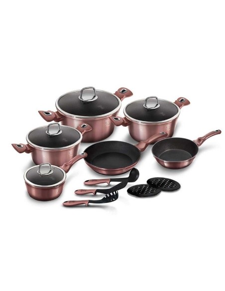 Set oale, cratite si tigai marmorate, 15 piese, din aluminiu forjat, Metallic iRose Edition, Berlinger Haus, BH 6045