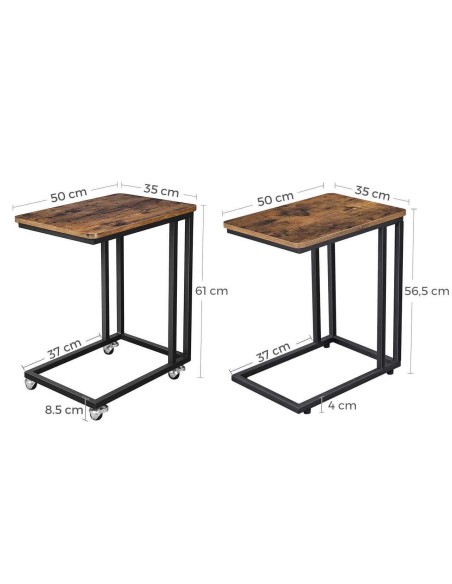 Masa de cafea, Vasagle, pe roti, pal si metal, maro rustic, 50x35x61 cm