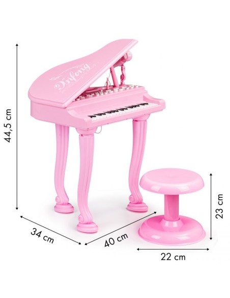Set Pian de jucarie pentru copii, cu microfon de karaoke si scaun incluse, cablu Jack 3.5mm, roz pink