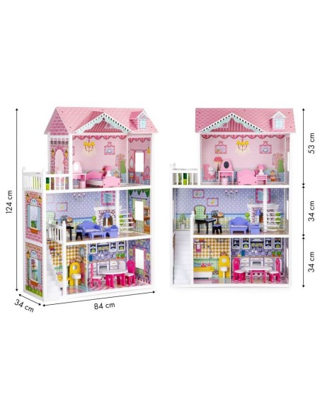 Jucarie casuta de papusi XXL, pentru fetite, din lemn,  3 etaje, 5 camere si 18 piese de mobilier, 124x84 cm, Ecotoys, HM006604