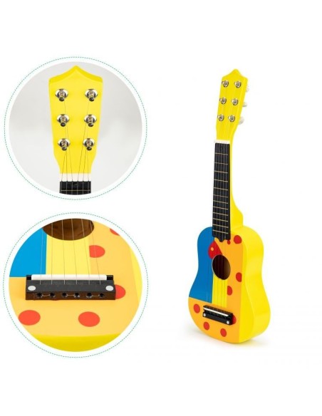 Chitara clasica din lemn pentru copii, cu 6 corzi metalice, 53cm, galben-multicolor, Ecotoys,  FO18