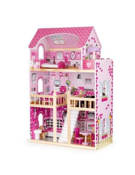 Jucarie casuta de papusi, pentru fetite, din lemn, cu iluminare LED, 3 etaje, 5 camere si 17 piese mobilier, Ecotoys, HM006391