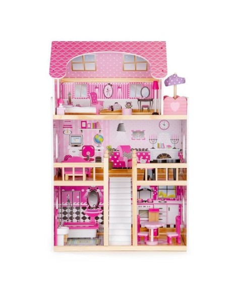 Jucarie casuta de papusi, pentru fetite, din lemn, cu iluminare LED, 3 etaje, 5 camere si 17 piese mobilier, Ecotoys, HM006391