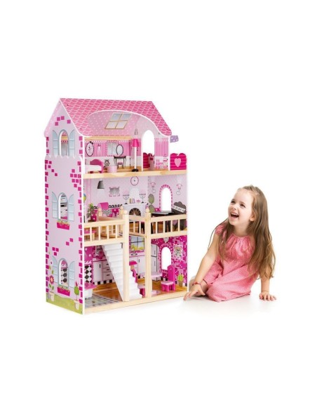 Jucarie casuta de papusi, pentru fetite, din lemn, cu iluminare LED, 3 etaje, 5 camere si 17 piese mobilier, Ecotoys, HM006391