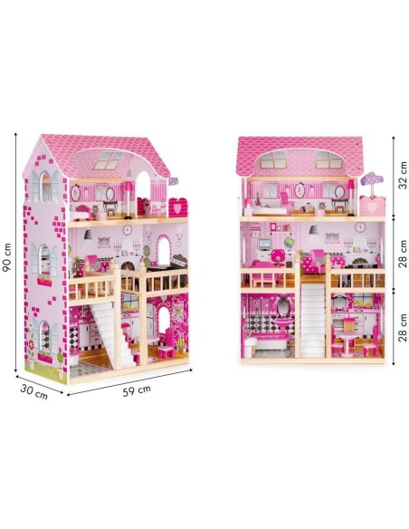 Jucarie casuta de papusi, pentru fetite, din lemn, cu iluminare LED, 3 etaje, 5 camere si 17 piese mobilier, Ecotoys, HM006391