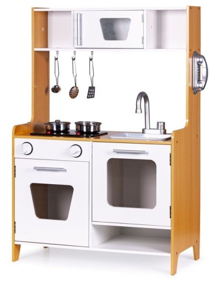 Bucatarie din lemn pentru copii, cu accesorii de bucatarie, lumini si sunete, Retro, alb/maro, Ecotoys PLK534
