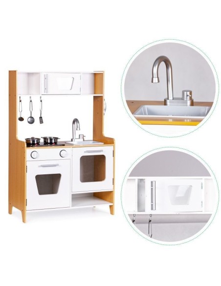 Bucatarie din lemn pentru copii, cu accesorii de bucatarie, lumini si sunete, Retro, alb/maro, Ecotoys PLK534