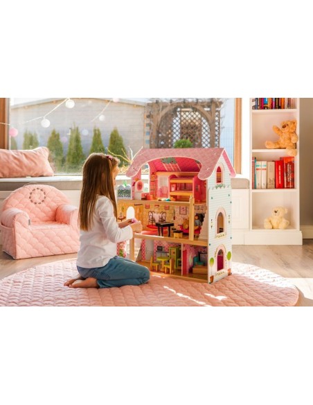 Jucarie casuta de papusi, pentru fetite, din lemn, 3 etaje, cu 4 Papusi si 15 piese mobilier , Ecotoys, 4110