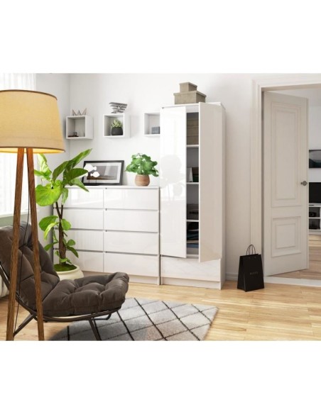 Dulap, placa laminata, 1 sertar, 4 rafturi, 2 usi, alb lucios, 60x35x180 cm