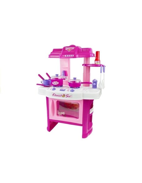 Bucatarie din plastic pentru copii, cu accesorii de bucatarie, lumini si sunete, alb/roz, LeanToys, 733