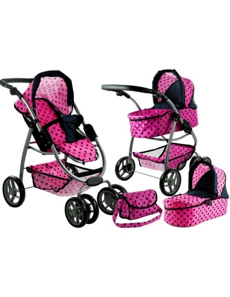 Carucior pentru papusi 2 in 1, LeanToys, 3812, roz cu buline negre