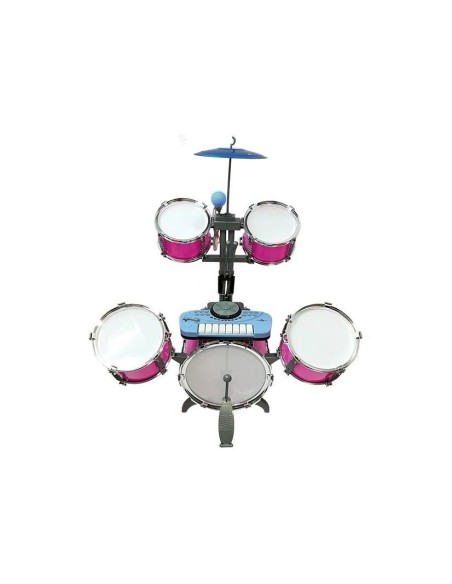 Set de tobe muzicale de jucarie pentru copii, cu scaunel, microfon si mixer, roz, LeanToys, 4835