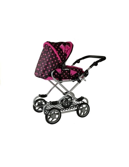 Carucior pentru papusi cu landou, negru cu buline roz, LeanToys, 5251