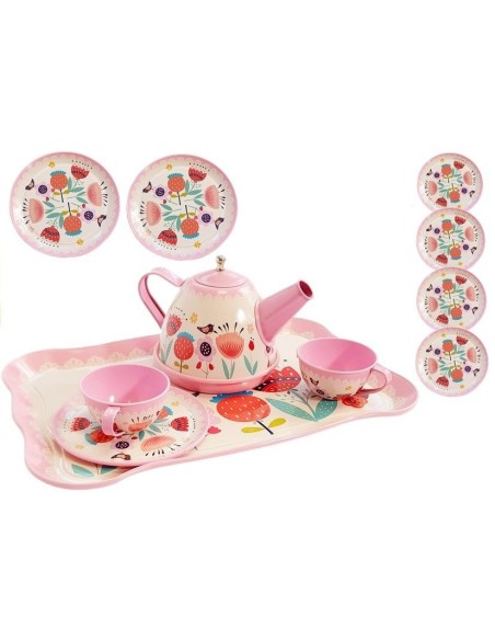 Set metalic de ceai cu floricele pentru copii, 14 piese de jucarie, LeanToys, 5818