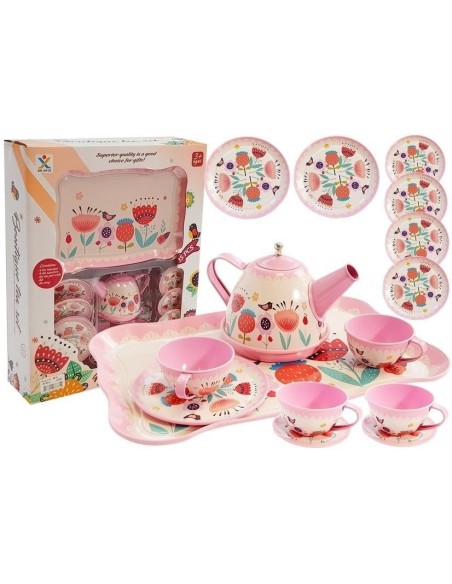 Set metalic de ceai cu floricele pentru copii, 14 piese de jucarie, LeanToys, 5818
