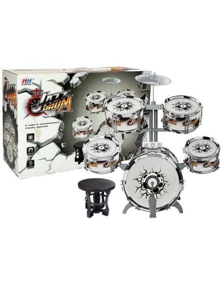 Set de tobe muzicale de jucarie pentru copii, cu scaunel, argintii, LeanToys, 6614
