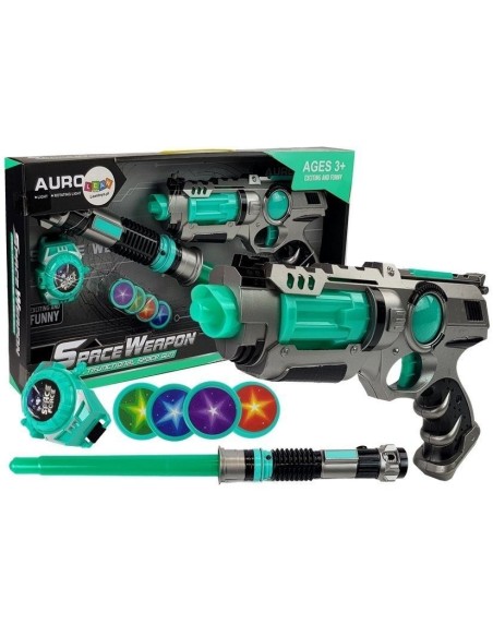 Set de joaca SF pentru copii, pistol laser, sabie laser si lansator de discuri, LeanToys, 7097