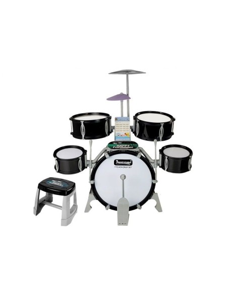 Set de tobe muzicale de jucarie pentru copii, cu scaunel, negre, LeanToys, 7143