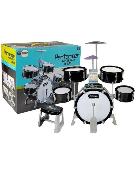 Set de tobe muzicale de jucarie pentru copii, cu scaunel, negre, LeanToys, 7143
