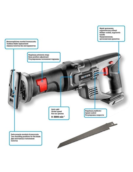 Fierastrau tip sabie cu acumulator 2 Ah, incarcator 18 V Li-ion, Graphite Energy