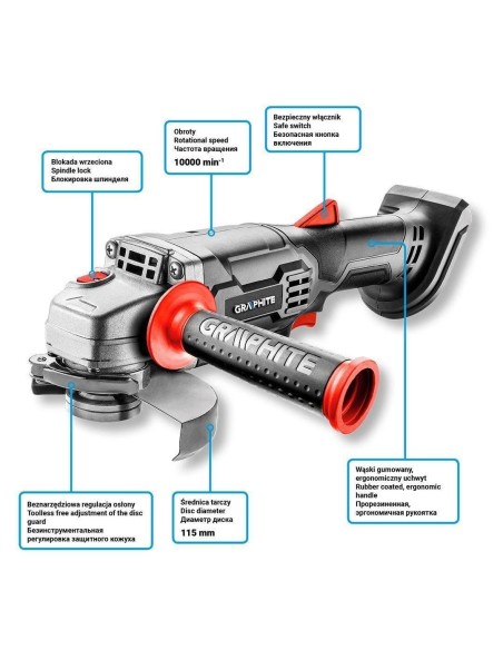 Polizor unghiular, flex, cu acumulator 4 Ah, incarcator 18V Li-ion, discuri, manusi, 115 mm, Graphite Energy 