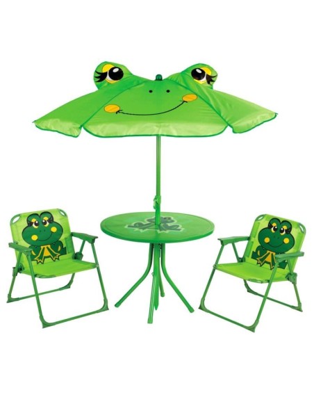 Set mobilier gradina/terasa pentru copii, pliabil, verde, model brosca, 1 masa cu umbrela, 2 scaune, Melisenda