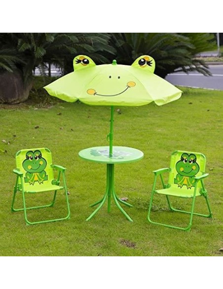 Set mobilier gradina/terasa pentru copii, pliabil, verde, model brosca, 1 masa cu umbrela, 2 scaune, Melisenda