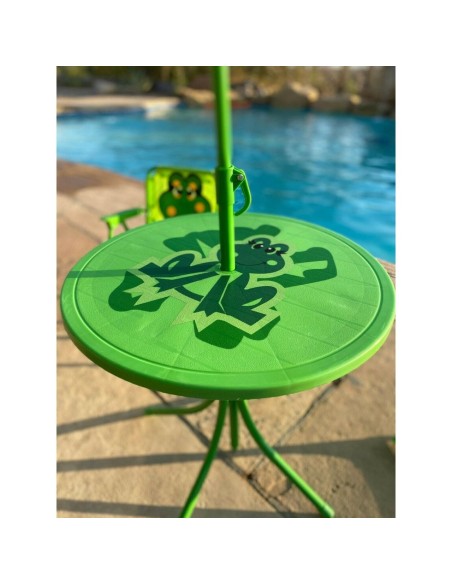 Set mobilier gradina/terasa pentru copii, pliabil, verde, model brosca, 1 masa cu umbrela, 2 scaune, Melisenda