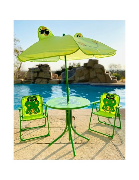 Set mobilier gradina/terasa pentru copii, pliabil, verde, model brosca, 1 masa cu umbrela, 2 scaune, Melisenda