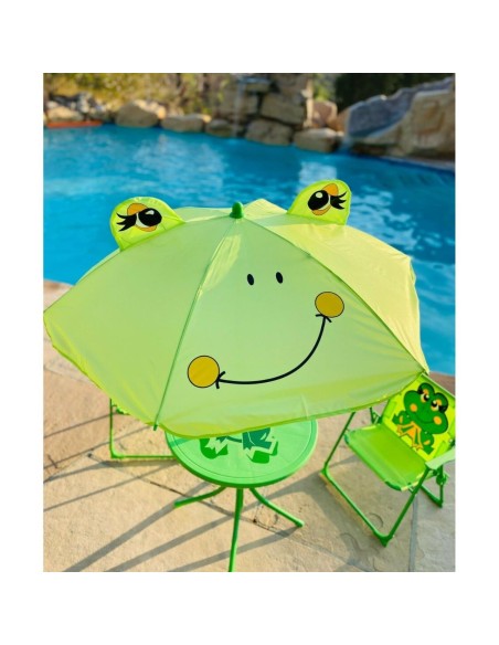 Set mobilier gradina/terasa pentru copii, pliabil, verde, model brosca, 1 masa cu umbrela, 2 scaune, Melisenda