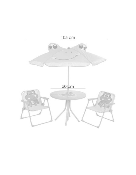 Set mobilier gradina/terasa pentru copii, pliabil, verde, model brosca, 1 masa cu umbrela, 2 scaune, Melisenda