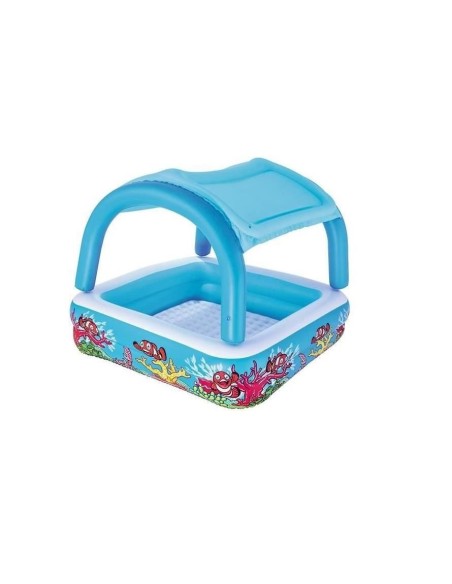 Piscina gonflabila pentru copii, patrata, cu acoperis, model coral, 147x147x122 cm, Bestway