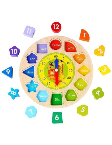 Ceas sortator educational din lemn, pentru bebe, invata numere, forme si culori, LeanToys, 3639
