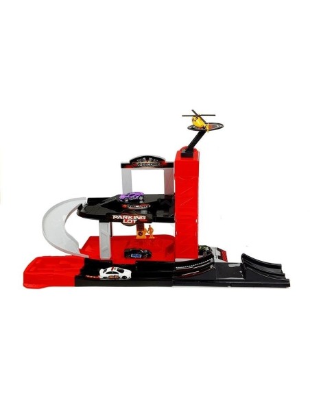 Pista auto cu parcare si lift, 4 masinute si un elicopter pentru copii, LeanToys, 4645
