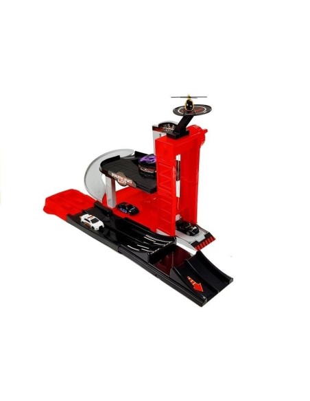 Pista auto cu parcare si lift, 4 masinute si un elicopter pentru copii, LeanToys, 4645