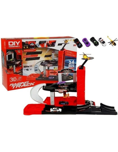 Pista auto cu parcare si lift, 4 masinute si un elicopter pentru copii, LeanToys, 4645