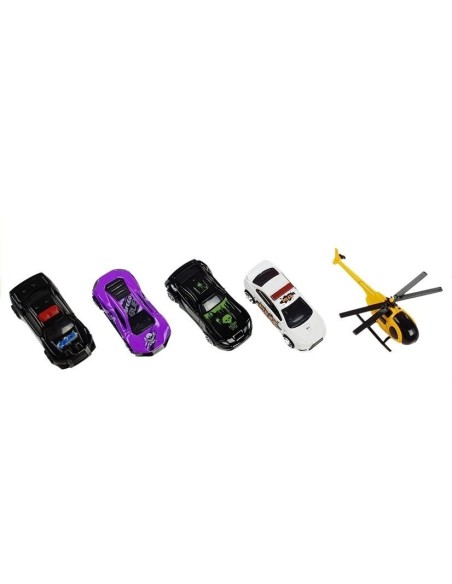 Pista auto cu parcare si lift, 4 masinute si un elicopter pentru copii, LeanToys, 4645