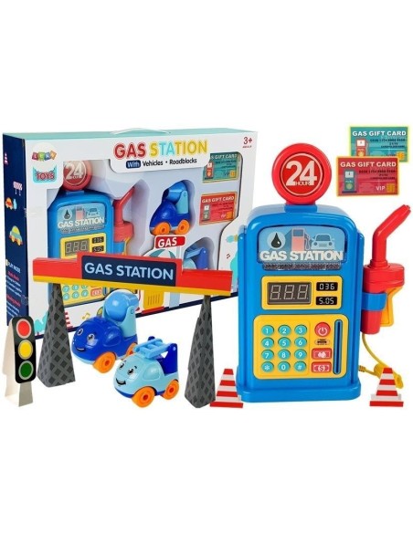 Set benzinarie de jucarie cu lumini, sunete, masinute si accesorii pentru copii, LeanToys, 7210