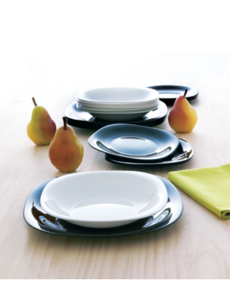 Set serviciu de masa alb-negru, pentru 6 persoane, Luminarc Carine, 18 piese, 18 farfurii diverse marimi