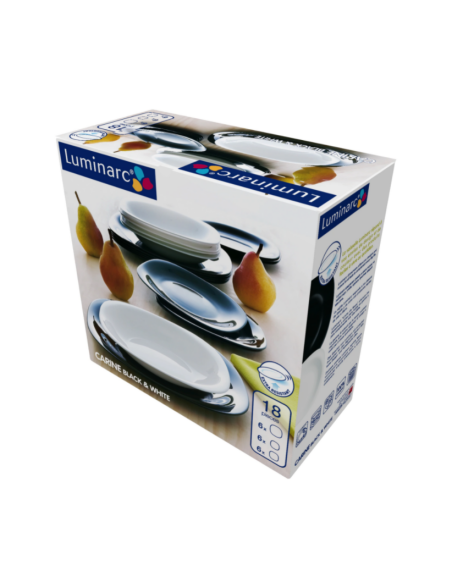Set serviciu de masa alb-negru, pentru 6 persoane, Luminarc Carine, 18 piese, 18 farfurii diverse marimi