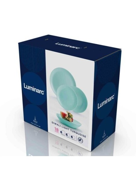 Set serviciu de masa turcoaz, pentru 6 persoane, Luminarc Diwali Light Turquoise, 18 piese, 18 farfurii diverse marimi