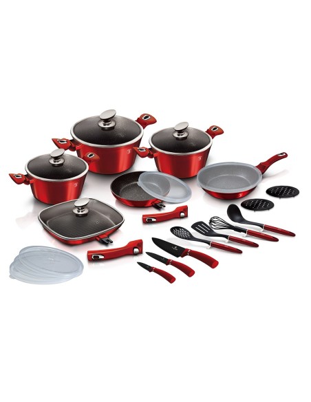 Set oale, cratite, tigai marmorate si ustensile bucatarie, 24 piese, METALLIC LINE Burgundy Edition, Berlinger Haus, BH 7184