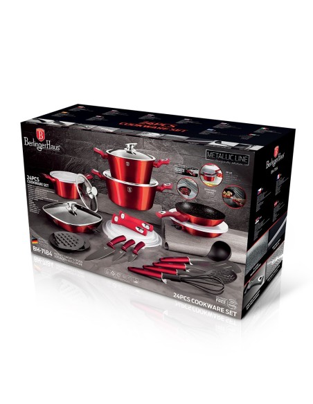 Set oale, cratite, tigai marmorate si ustensile bucatarie, 24 piese, METALLIC LINE Burgundy Edition, Berlinger Haus, BH 7184