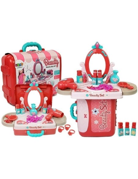 Set de frumuseste cu accesorii, masa de toaleta pentru fetite intr-o servieta rosie, LeanToys, 7374