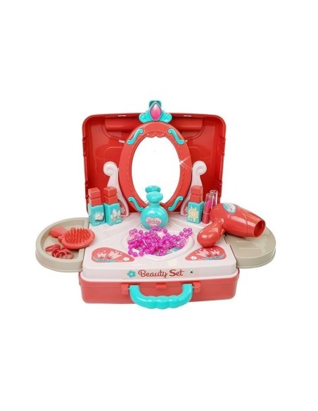 Set de frumuseste cu accesorii, masa de toaleta pentru fetite intr-o servieta rosie, LeanToys, 7374